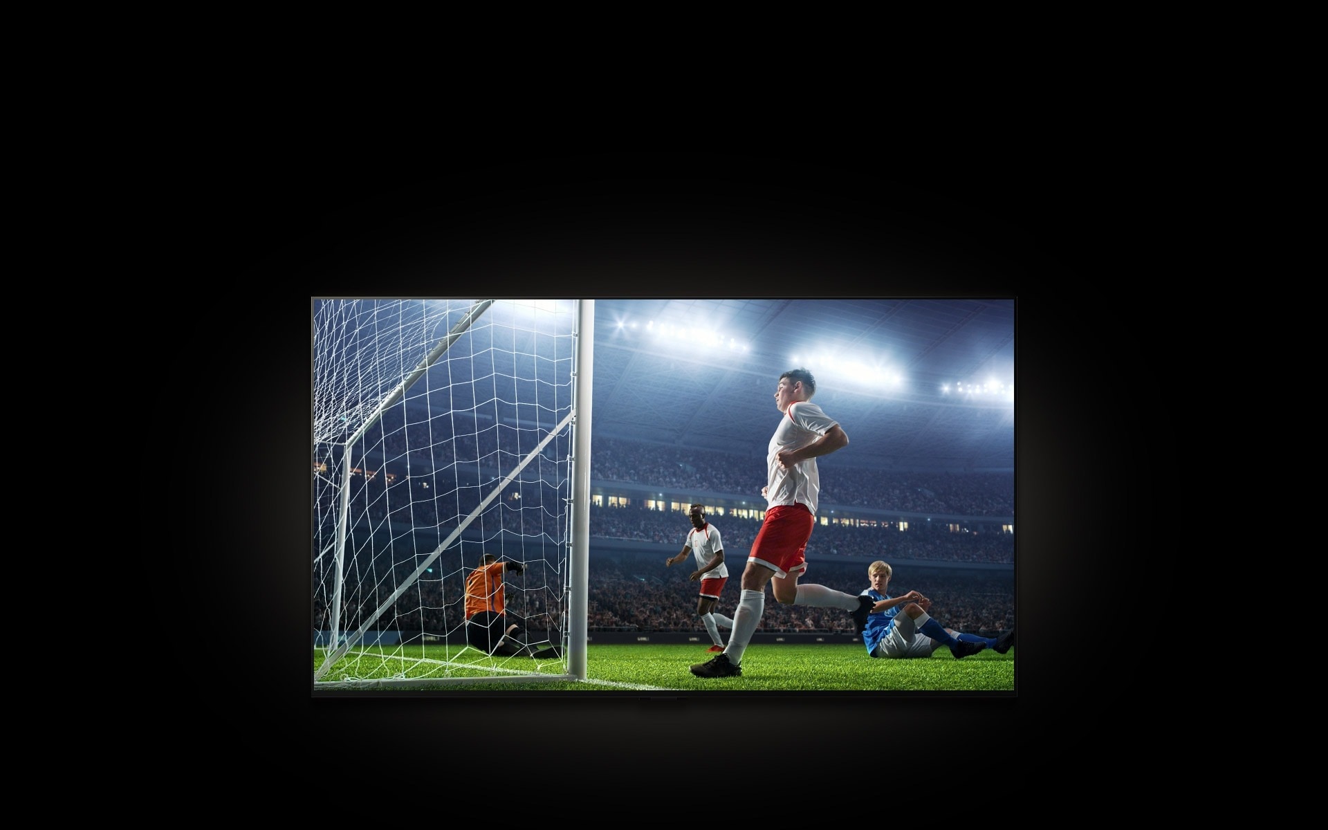 A movie plays on the LG TV. A popup box appears showing the latest soccer score with the option to watch live. The cursor clicks Watch Live, and the TV shows a player scoring a goal in a soccer match.