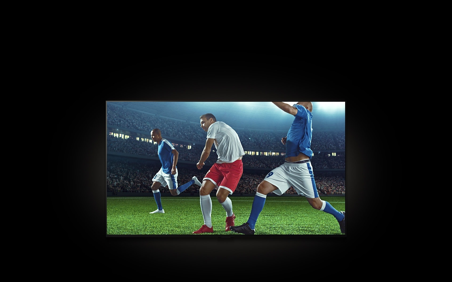 커서가 화면모드를 클릭하면 '선명한 화면'에서 '스포츠모드'로 변경됨. 화면 속 경기 장면이 더 밝고 정교하게 바뀜.