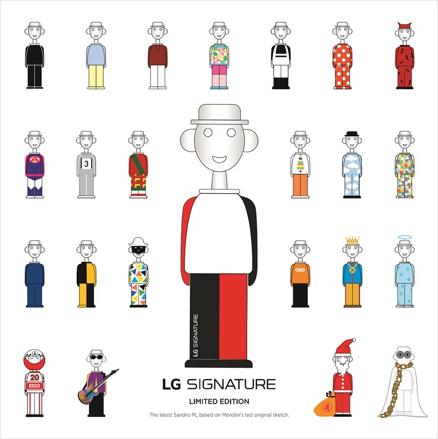 다양한 스타일의 LG SIGNATURE 한정판 알레산드로 멘디니 와인 오프너가 배열된 모습.