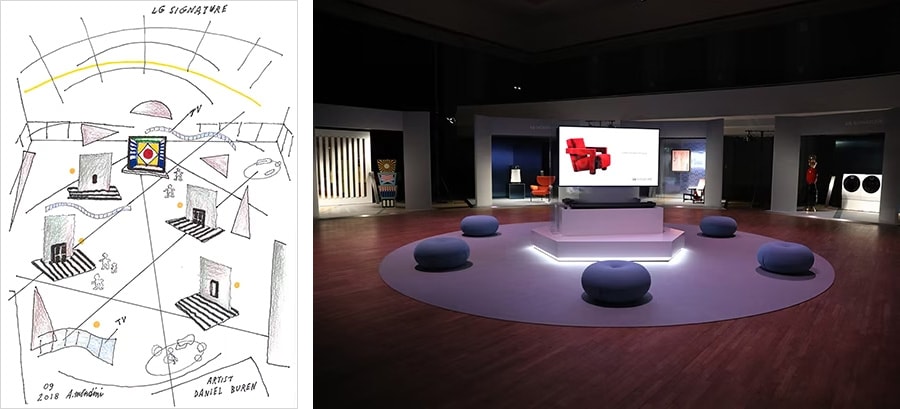 알레산드로 멘디니가 디자인한 ‘2018 SIGNATURE ARTWEEK’ 전시 도면(좌)과 2018년 독일에서 개최된 ‘ARTWEEK’에서 LG SIGNATURE 제품이 전시된 공간(우).