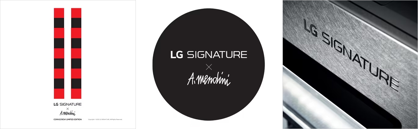 LG SIGNATURE와 알레산드로 멘디니가 협업한 와인오프너의 컨셉이미지, LG SIGNATURE x 알레산드로 멘디니 로고, LG SIGNATURE 와인셀러 로고