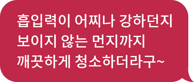 화자 : 흡입력이 어찌나 강하던지 보이지 않는 먼지까지 깨끗하게 청소하더라구~