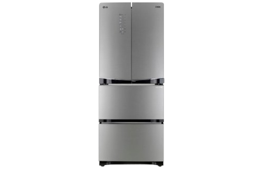 미니멀한 디자인의 LG 김치냉장고로, 앞면은 깔끔한 실버 색상의 메탈릭 마감 처리되어 있다. 도어 중앙에는 LED 디스플레이가 탑재되어 있으며, 하단에는 서랍형 냉장 및 냉동칸이 적용된 모습이다.