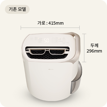 기존 모델 공기청정기: 가로 415mm, 두께 296mm 크기의 상단 모습.