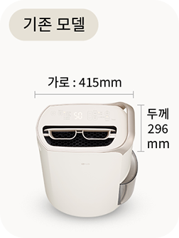 기존 모델 공기청정기: 가로 415mm, 두께 296mm 크기의 상단 모습.