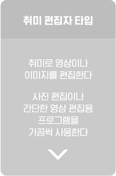 취미 편집자 타입. 취미로 영상이나 이미지를 편집한다.사진 편집이나 간단한 영상 편집용 프로그램을 가끔씩 사용한다