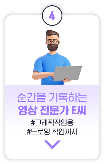 숫자 4가 적힌 원형 상단 배지가 있는 카드 이미지. 노트북을 들고 있는 영상 전문가 캐릭터가 있으며, '순간을 기록하는 영상 전문가 E씨'라는 문구와 함께, 해시태그로 '#그래픽작업용', '#드로잉 작업까지'가 적혀 있습니다.