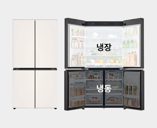 상냉장/하냉동 4도어 냉장고. 닫힌 모습(왼쪽)과 문이 열린 모습(오른쪽). 상단은 냉장, 하단은 냉동실이며 내부에 다양한 음식과 과일이 보임.