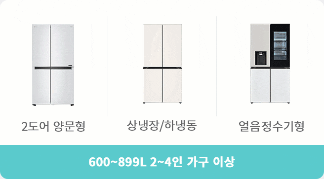 600~899L 2~4인 가구 이상 냉장고. 2도어 양문형, 상냉장/하냉동, 얼음정수기형 모델의 열린 모습과 닫힌 모습 비교.