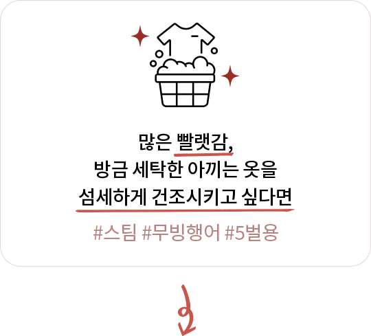 많은 빨랫감과 섬세한 건조가 필요한 경우를 강조하는 문구와 세탁 아이콘.
