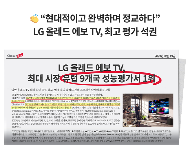 LG 올레드 에보 TV의 성능 평가 관련 기사 이미지. 기사 제목은 'LG 올레드 에보 TV, 최대 시장 유럽 9개국 성능평가서 1위'이며, 해당 문구가 빨간색으로 강조 표시됨. 기사 내용에는 LG 올레드 에보 TV가 영국, 프랑스, 독일 등 유럽 주요 소비자 매체로부터 최고 평가를 받았다는 내용이 포함됨. 오른쪽 하단에는 거실에서 사람들이 LG TV로 자동차 레이싱 게임을 감상하는 사진이 삽입되어 있음.