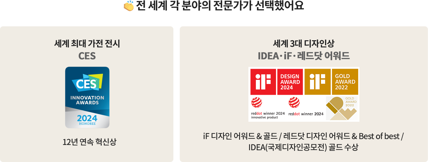 전 세계 각 분야의 전문가가 선택했어요 / 세계 최대 가전 전시 CES 10년 연속 혁신상 / 영상 음향 전문가 협회 EISA 어워드 10년 연속 최고 제품상 / 세계 3대 디자인상 IDEA IF 레드닷 어워드, reddot winner 2022 best of the best, GOLD AWARD 2022 / iF 디자인 어워드 & 골드 / 레드닷 디자인 어워드 & Best of best / IDEA(국제디자인공모전) 골드 수상