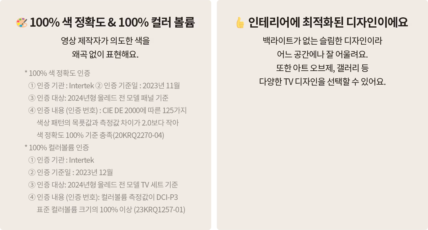 색 정확도와 디자인 특징을 설명하는 두 개의 카드형 정보 박스. 왼쪽 박스: '100% 색 정확도 & 100% 컬러 볼륨' 제목과 함께, OLED가 영상 제작자가 의도한 색을 왜곡 없이 표현한다는 설명이 포함됨. 또한, Intertek 인증을 받은 100% 색 정확도와 100% 컬러 볼륨에 대한 세부 인증 정보가 제공됨. 오른쪽 박스: '인테리어에 최적화된 디자인이에요' 제목과 함께, 백라이트가 없는 슬림한 디자인으로 어느 공간에나 잘 어울리며, 아트 오브제 및 갤러리형 TV 디자인을 선택할 수 있다는 설명이 포함됨.