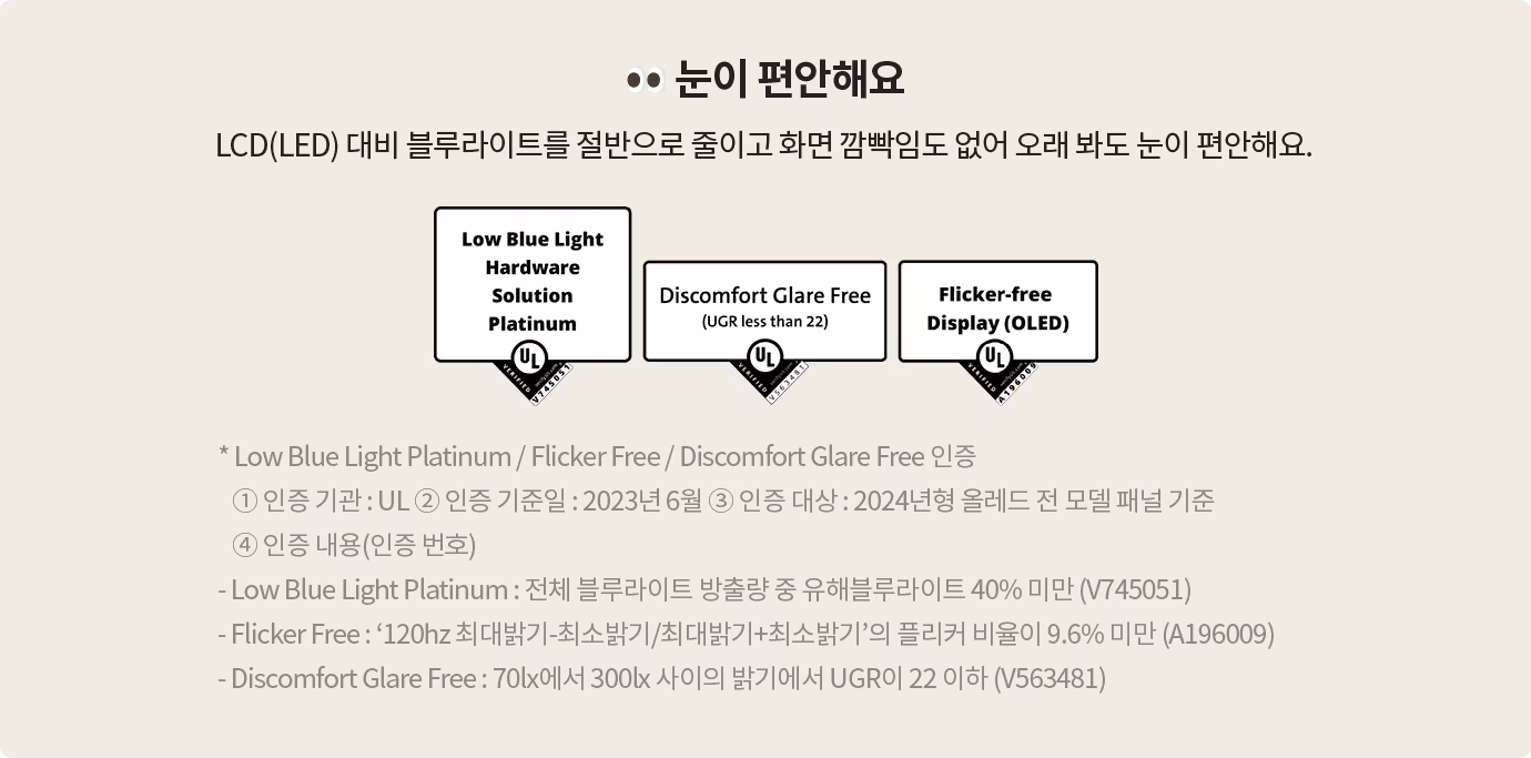 '눈이 편안해요'라는 제목과 함께, OLED가 LCD(LED) 대비 블루라이트를 절반으로 줄이고 화면 깜빡임이 없어 오래 봐도 눈이 편안하다는 설명이 포함된 정보 박스. 세 가지 인증 마크가 중앙에 배치됨: 'Low Blue Light Hardware Solution Platinum' (낮은 블루라이트 인증) 'Discomfort Glare Free' (눈부심 감소 인증) 'Flicker-free Display (OLED)' (깜빡임 없는 디스플레이 인증) 하단에는 UL 인증을 받은 Low Blue Light Platinum, Flicker Free, Discomfort Glare Free 인증의 상세 내용이 나열됨.