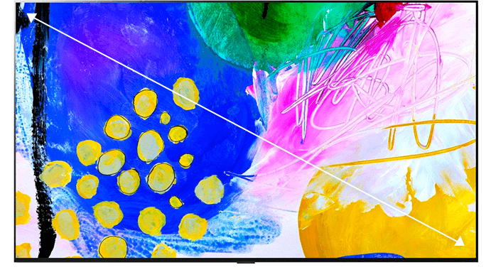 LG TV 화면에 추상적인 블루, 옐로우, 핑크 색감이 조화된 그림이 표시됨. 화면의 대각선 방향으로 흰색 화살표가 그려져 있어 TV의 대형 디스플레이 크기를 강조함.