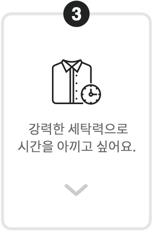 번호 3이 표시된 카드. 셔츠와 시계 아이콘과 함께 '강력한 세탁력으로 시간을 아끼고 싶어요.'라는 문구가 적혀 있음.