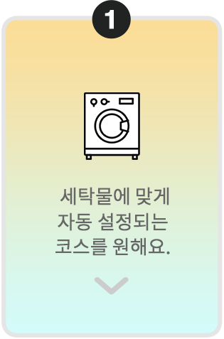 번호 1이 표시된 카드. 세탁기 아이콘과 함께 '세탁물에 맞게 자동 설정되는 코스를 원해요.'라는 문구가 적혀 있음.
