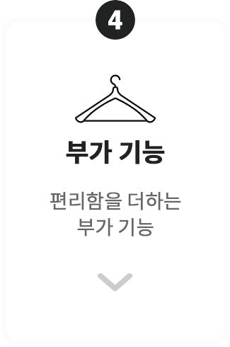 4번 항목. 옷걸이 아이콘과 함께 '부가 기능'이라는 제목이 적혀 있으며, 아래에 '편리함을 더하는 부가 기능'이라는 설명이 있습니다. 