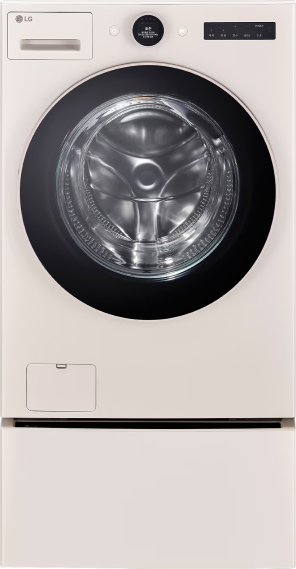 LG 워시콤보. 흰색 바디에 검은색 도어와 상단 조작 패널이 있는 단일 세탁기입니다.