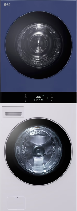 LG 워시타워. 파란색 건조기와 밝은 회색 세탁기가 세로로 쌓인 타워형 제품입니다.