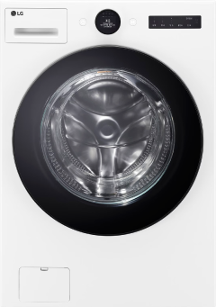LG 워시콤보. 흰색 바디에 검은색 도어와 상단 조작 패널이 있는 단일 세탁기입니다.