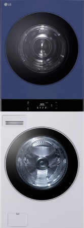 LG 워시타워. 파란색 건조기와 밝은 회색 세탁기가 세로로 쌓인 타워형 제품입니다.