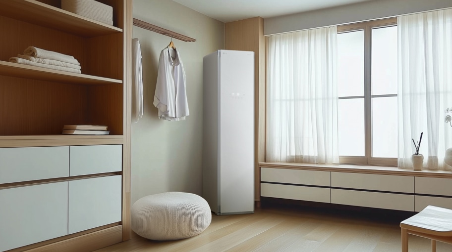 흰색 의류관리기가 방 한쪽에 배치되어 있습니다. 왼쪽에는 수납장과 선반이 있고, 옷걸이에 옷이 걸려 있습니다. 창문 옆에는 낮은 서랍장이 있으며, 바닥에는 원형 방석이 놓여 있습니다.