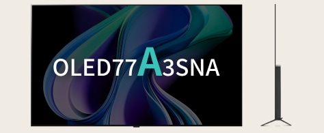 LG OLED TV 77형 A 시리즈, 심플한 블랙 스탠드 디자인과 얇은 측면이 돋보이는 모습.