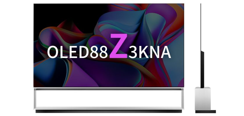 LG OLED TV 88형 Z 시리즈, 초고화질 디스플레이와 베젤이 없는 디자인, 측면에서 본 모습 포함.