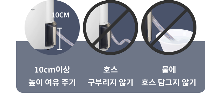 배수호스를 연결할 때 주의점을 설명한 이미지로 10cm 이상 높이 여유주기, 호스 구부리지 않기, 호스 담그지 않기의 주의사항이 있음