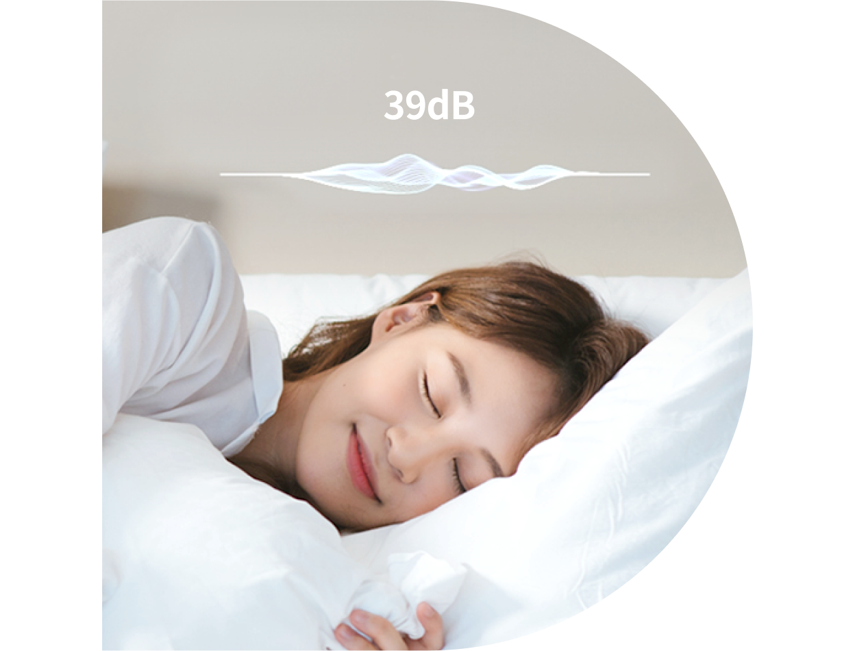 편안하게 숙면을 취하는 여성과 39dB 저소음 환경을 나타내는 그래픽 요소
