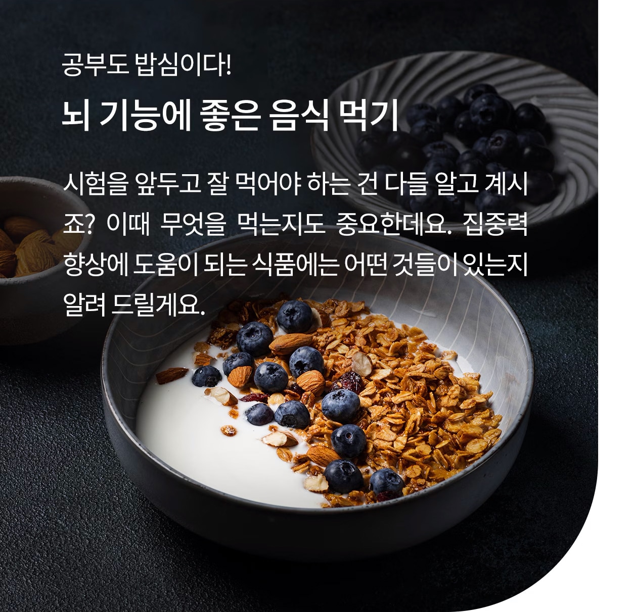 검은 접시에 요거트와 그래놀라, 블루베리가 올려져 있으며, '공부도 밥심이다! 뇌 기능에 좋은 음식 먹기'라는 제목과 함께, 시험을 앞두고 집중력 향상에 도움을 주는 음식이 중요하다는 내용이 설명되어 있다.