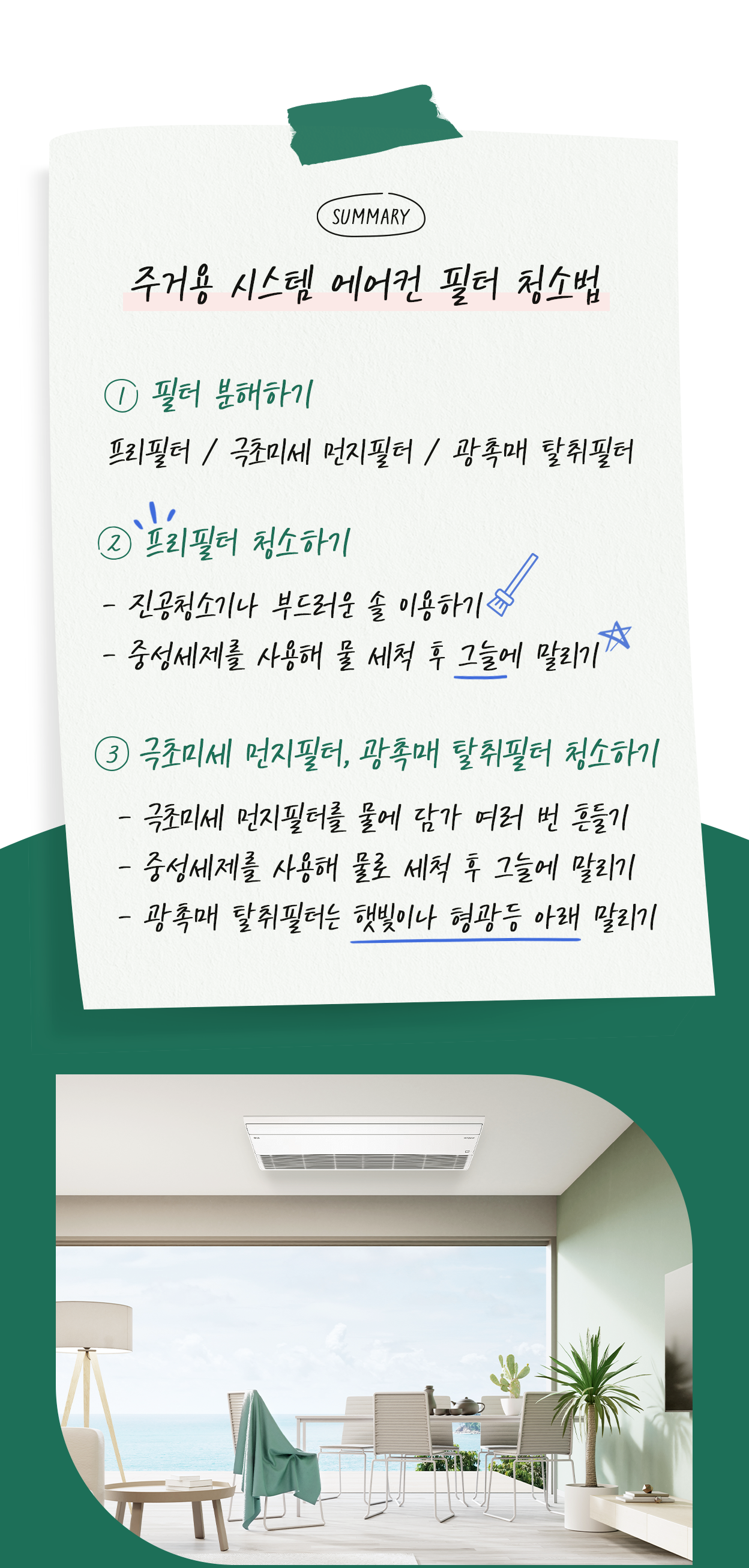 주거용 시스템 에어컨 필터 청소법. 1.필터 분해하기: 프리필터, 극초미세 먼지필터, 광촉매 탈취필터. 2.프리필터 청소하기. 진공청소기나 부드러운 솔 이용하기. 중성세제를 사용해 물 세척 후 그늘에 말리기. 3. 극초미세 먼지필터, 광촉매 탈취필터 청소하기. 극초미세 먼지필터를 물에 담가 여러 번 흔들기. 중성세제를 사용해 물로 세척 후 그늘에 말리기. 광촉매 탈취필터는 햇빛이나 형광등 아래 말리기. 하단에는 밝은 톤의 거실에 시스템 에어컨이 설치된 모습.