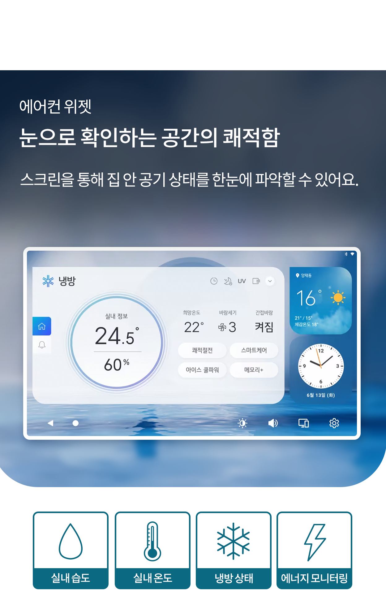 에어컨 위젯, 눈으로 확인하는 공간의 쾌적함, 스크린을 통해 집 안 공기 상태를 한눈에 파악할 수 있어요. 실내 온도, 습도, 냉방 상태 등을 표시하는 에어컨 스크린이 보이며, 하단에는 실내 습도, 실내 온도, 냉방 상태, 에너지 모니터링 아이콘이 정렬된 모습.