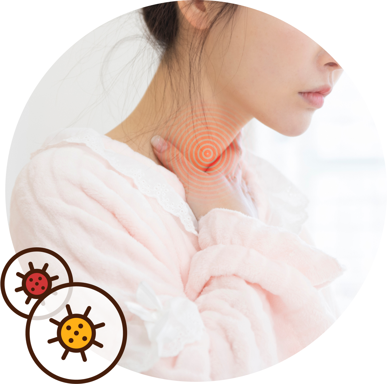 목이 아파 잡고 있는 사람 모습과 바이러스 일러스트 이미지.
