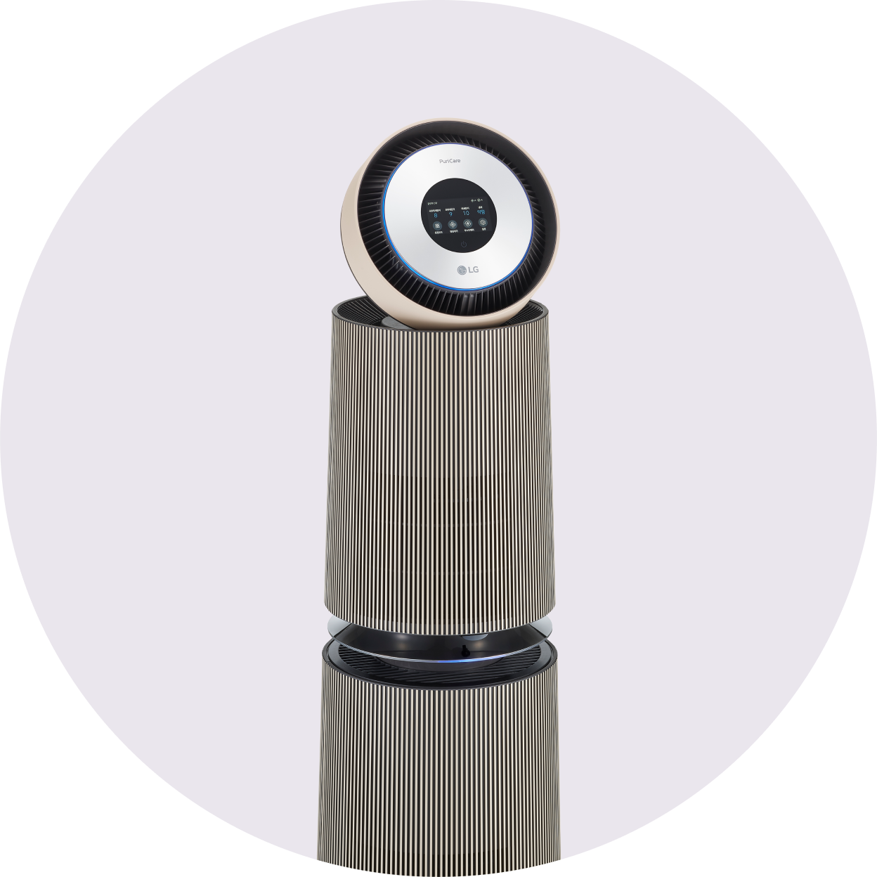 LG 퓨리케어 오브제컬렉션 360° 공기청정기의 전체 디자인과 디스플레이 화면이 강조된 모습.