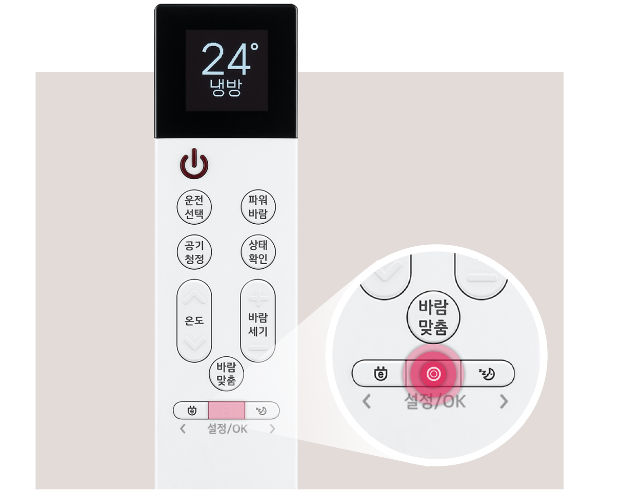 리모컨 화면에 24°C의 냉방 설정이 표시되어 있으며, 리모컨 아래 부분에는 바람 맞춤과 설정/OK 버튼이 강조되어 있음.