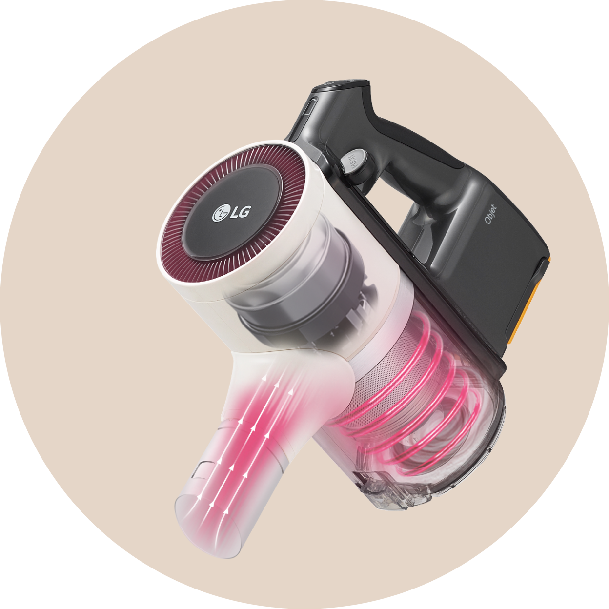 LG 무선 청소기의 본체 부분을 클로즈업, 투명한 부분을 통해 내부 구조와 흡입관이 보이며, 흡입 구멍에서 바람이 나오는 모습이 강조되어 있음.