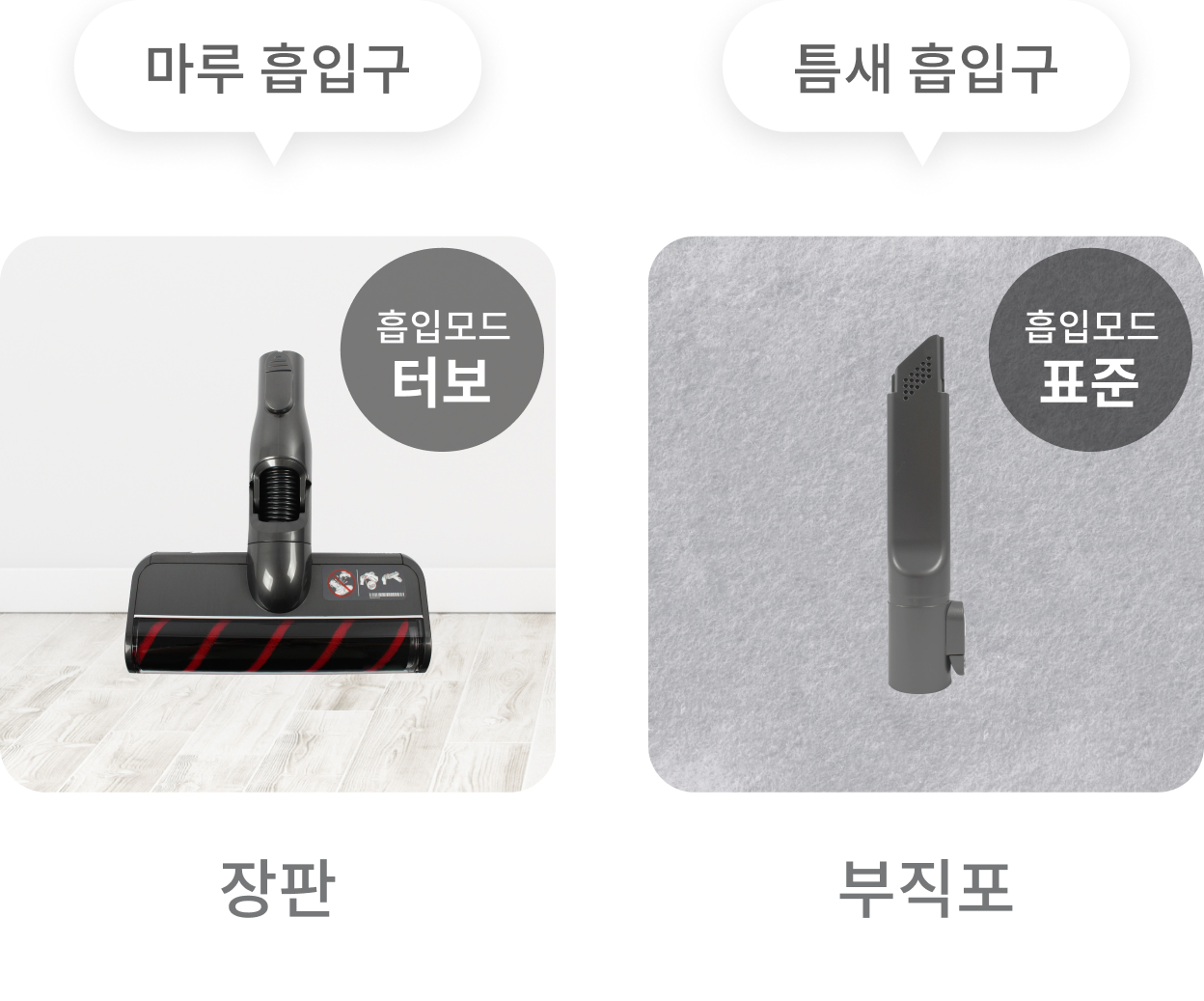 청소기의 마루 흡입구는 터보 흡입 모드로 장판 청소 시 적합, 배경에는 마루가 보이며, 청소기의 헤드가 함께 표시. 청소기의 틈새 흡입구는 표준 흡입 모드로 부직포 청소 시 적합. 배경에는 부직포가 보이며, 청소기의 틈새 흡입구가 함께 표시.