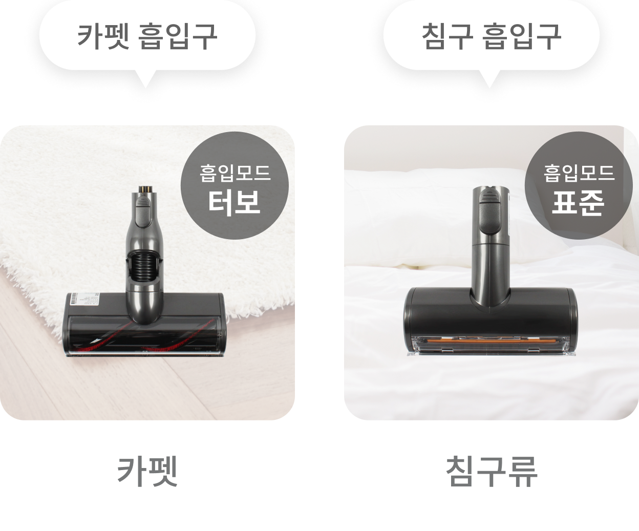 청소기의 카펫 흡입구는 터보 흡입 모드로 카펫 청소 시 적합, 배경에는 카펫이 보이며, 청소기의 헤드가 함께 표시. 청소기의 침대 흡입구는 표준 흡입 모드로 부직포 청소 시 적합. 배경에는 흰색 침구류가 보이며, 청소기의 헤드가 함께 표시.