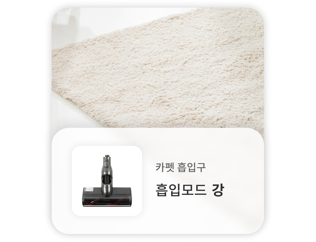 청소기의 카펫 흡입구는 강 흡입모드로 부직포 청소하는 데 적합. 배경에는 카펫이 보이며, 청소기의 헤드가 함께 표시.