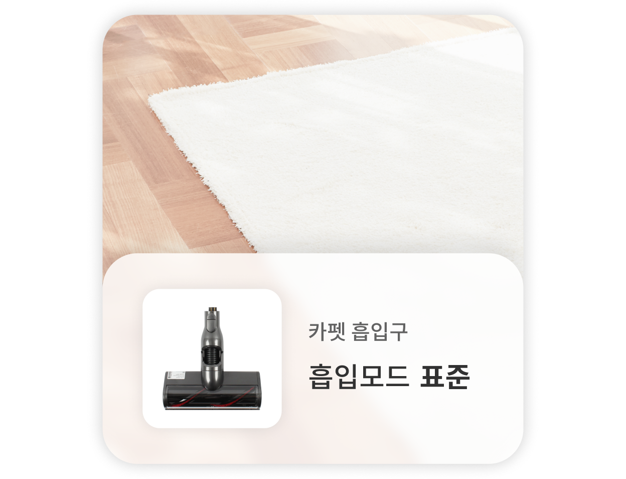 밝은 나무 바닥 위의 러그를 청소할 때는, 카펫 흡입구를 사용하고 표준 흡입모드를 사용하는 것을 권장합니다.