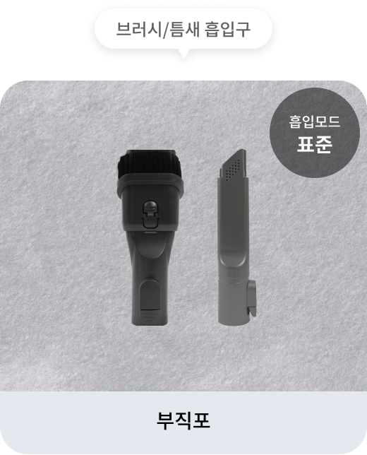 청소기의 브러시/틈새 흡입구는 표준 흡입모드로 부직포 청소하는 데 적합. 배경에는 부직포가 보이며, 청소기의 브러시/틈새 흡입구가 함께 표시.