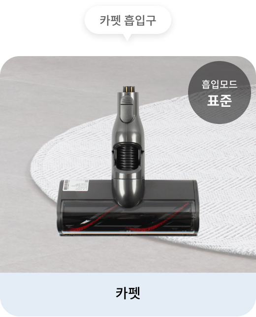 청소기의 카펫 흡입구는 표준 흡입모드로 카펫 청소하는 데 적합. 배경에는 카펫이 보이며, 청소기의 헤드가 함께 표시. 