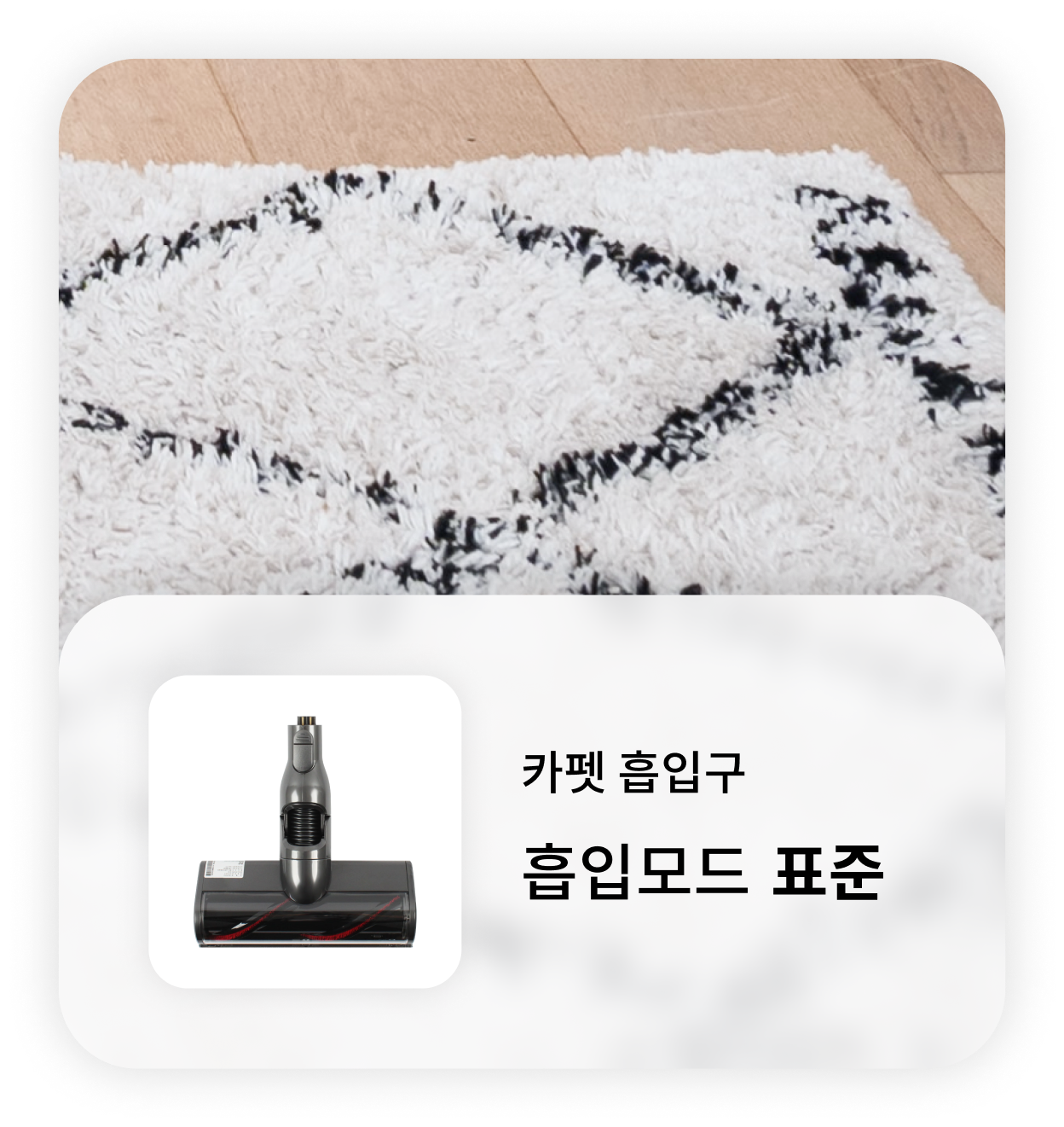 흰색과 검은색 패턴이 있는 러그 위에 LG 무선 청소기의 카펫 흡입구 정보가 오버레이된 이미지. '카펫 흡입구, 흡입모드 표준'이라는 문구와 함께 청소기 흡입구 이미지가 포함되어 있음.