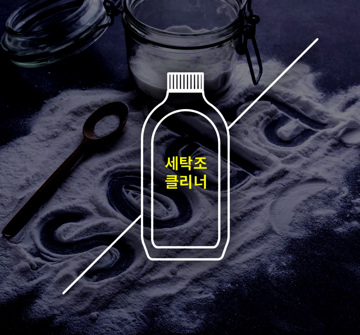 어두운 표면 위에 흰색 가루가 펼쳐져 있고, 가루 위에 Soda라는 글자가 쓰여 있음. 옆에는 나무 스푼과 뚜껑이 열린 유리 용기가 놓여 있음. 이미지 위에는 세탁조 클리너를 상징하는 선 그림과 세탁조 클리너 라는 노란색 글자가 표시되어 있음.