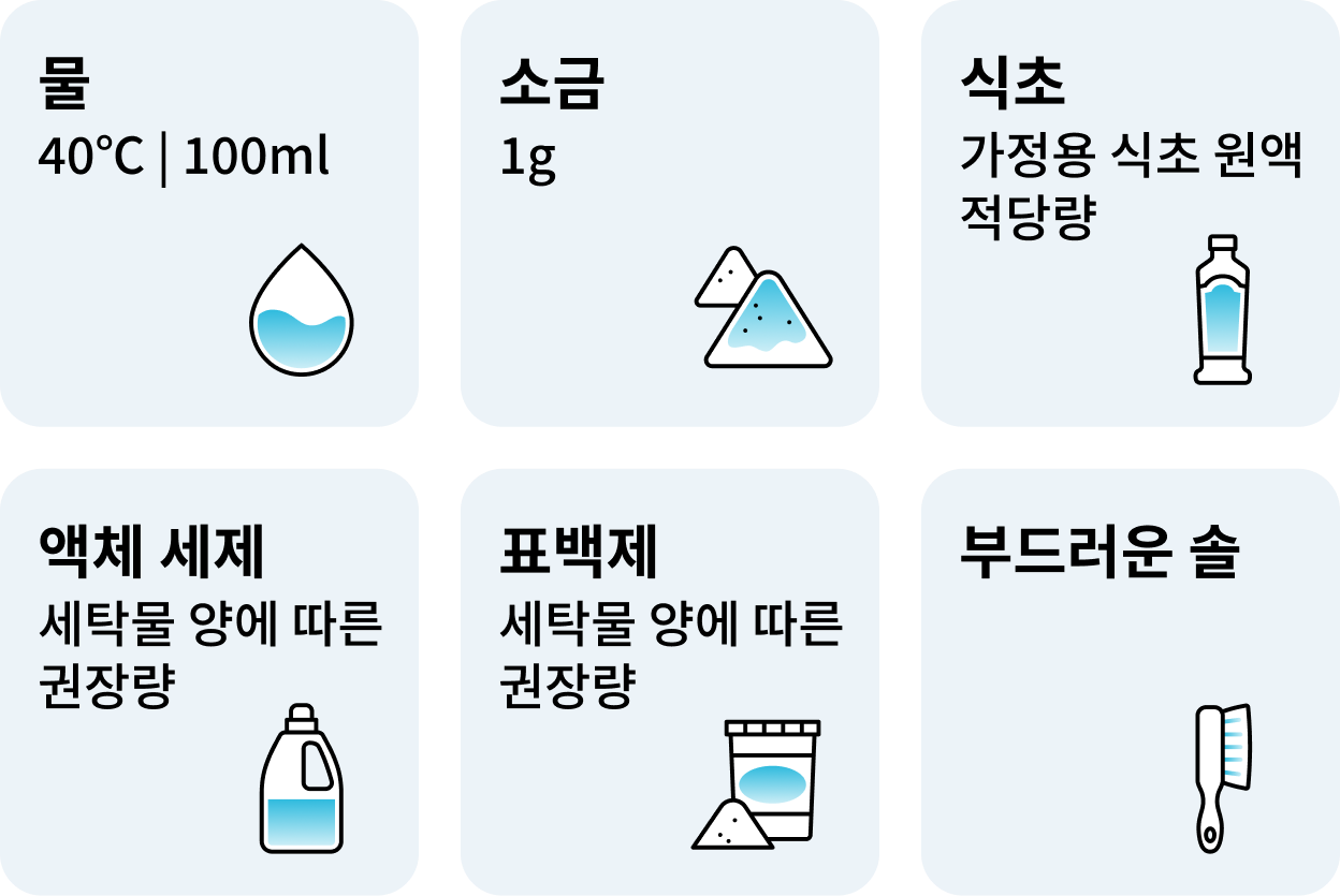 물 40°C 100ml, 소금 1g, 가정용 식초 원액 적당량, 세탁물 양에 따른 액체 세제와 표백제 권장량, 부드러운 솔 아이콘이 나열된 이미지.