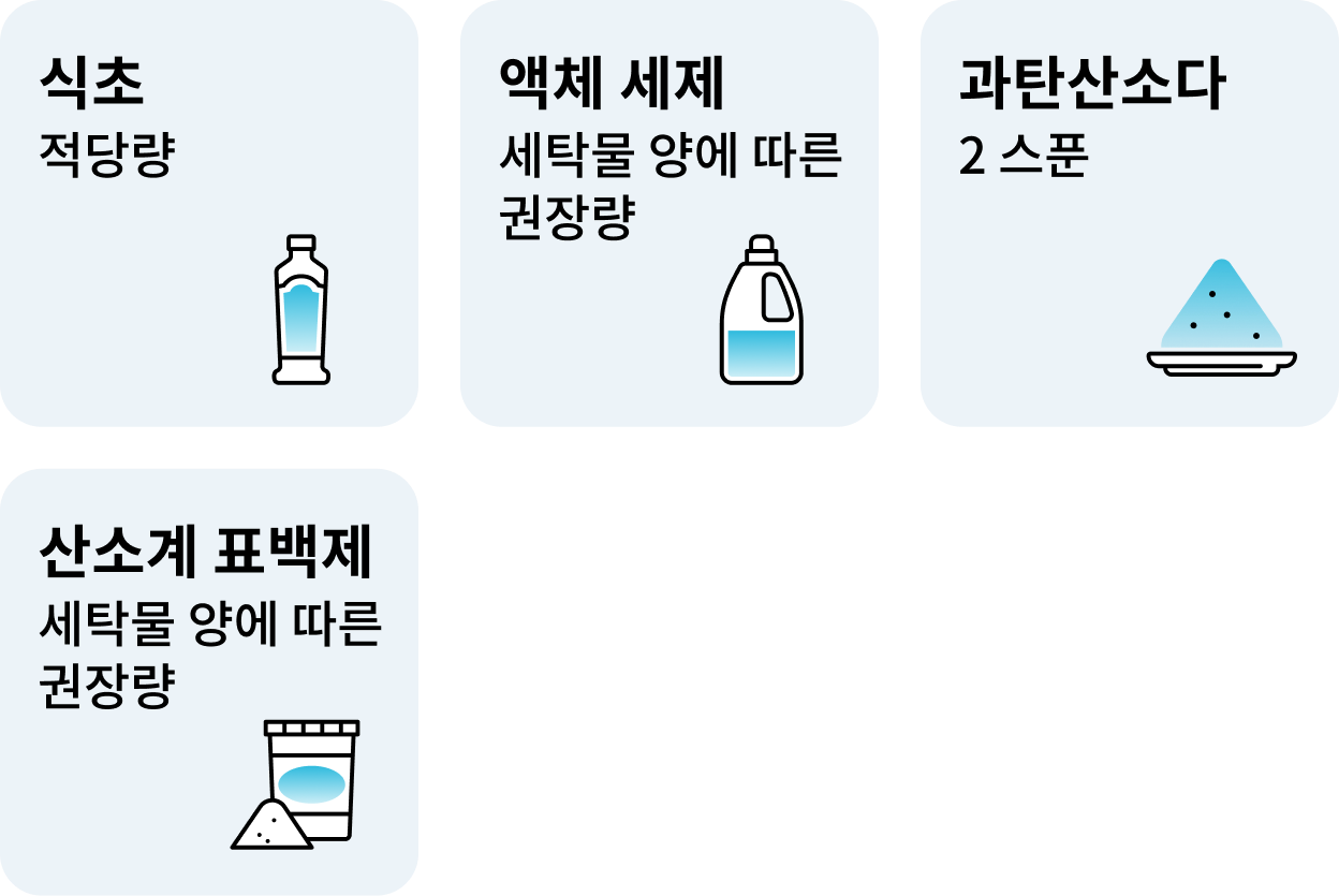 식초, 액체 세제, 과탄산소다, 산소계 표백제의 사용량과 권장사항이 그림과 함께 나열된 이미지로, 식초는 적당량, 액체 세제는 세탁물 양에 따른 권장량, 과탄산소다는 2스푼, 산소계 표백제는 세탁물 양에 따른 권장량으로 표시된 모습.