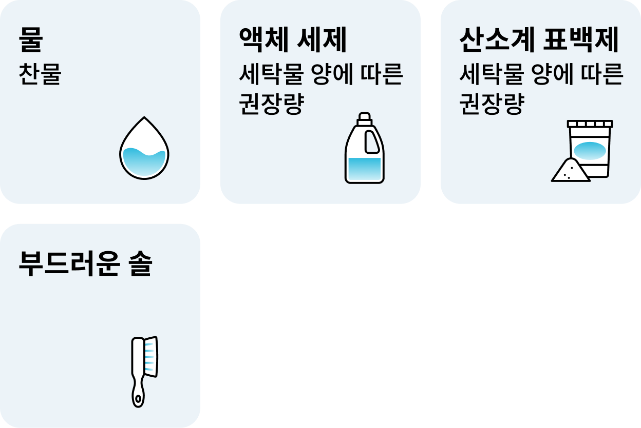 물, 액체 세제, 산소계 표백제, 부드러운 솔의 사용량과 권장사항이 그림과 함께 나열된 이미지로, 물은 찬물, 액체 세제는 세탁물 양에 따른 권장량, 산소계 표백제는 세탁물 양에 따른 권장량, 부드러운 솔 이미지가 표시된 모습.