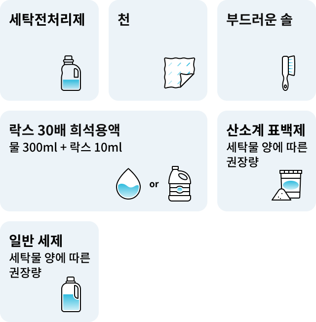 세탁 관련 물품과 사용량이 나열된 이미지로, 세탁전처리제는 적당량, 천과 부드러운 솔은 사용 도구로 표시, 락스 30배 희석용액은 물 300ml와 락스 10ml 혼합, 산소계 표백제는 세탁물 양에 따른 권장량, 일반 세제는 세탁물 양에 따른 권장량으로 나타난 모습.